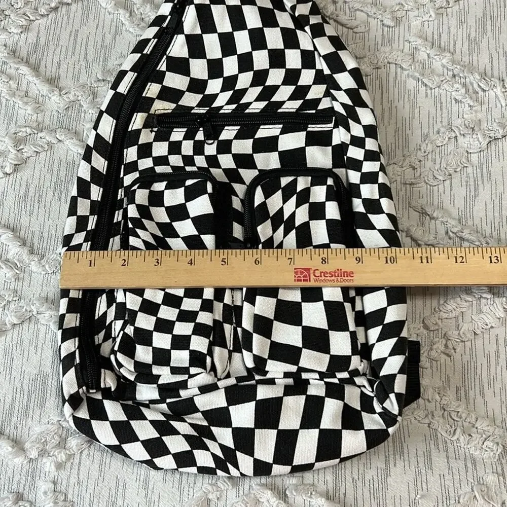 Black White Checkered Sling Backpack Crossbody Shoulder Unisex Travel Hiking